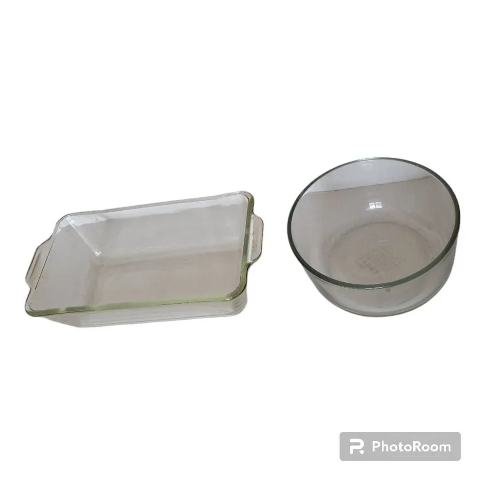 Pyrex 2 set loaf pan and small #7201 mixing bowl clear glass
